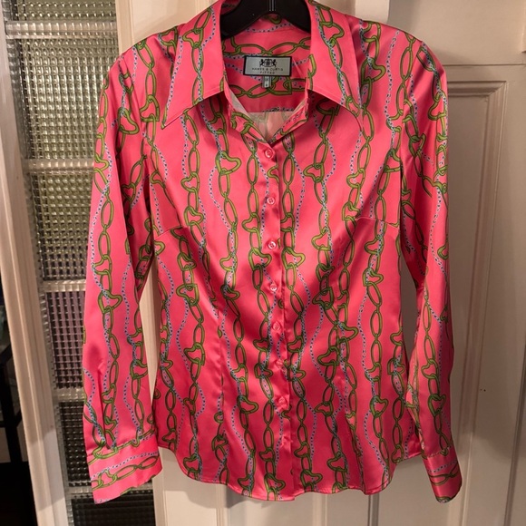 Hawes & Curtis Fitted Shirt Top Women UK 8 US S Button Up Chain link Print Pink - Picture 9 of 9